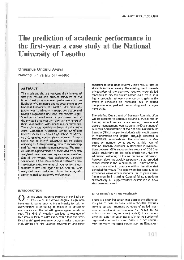 (PDF) The prediction of academic performance in the first year: a case ...
