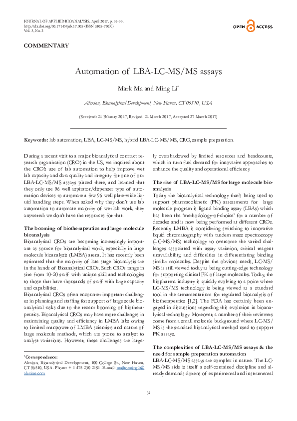 (PDF) Automation of LBALCMS/MS assays Journal of Applied