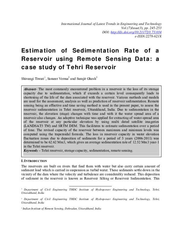 (PDF) Estimation of Sedimentation Rate of a Reservoir using Remote ...