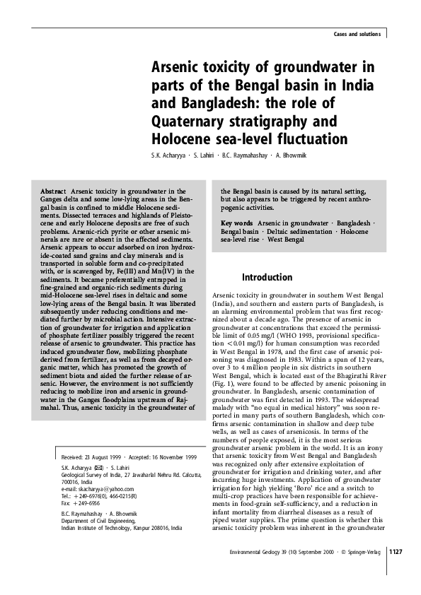 (PDF) Arsenic toxicity of groundwater in parts of the Bengal basin in ...