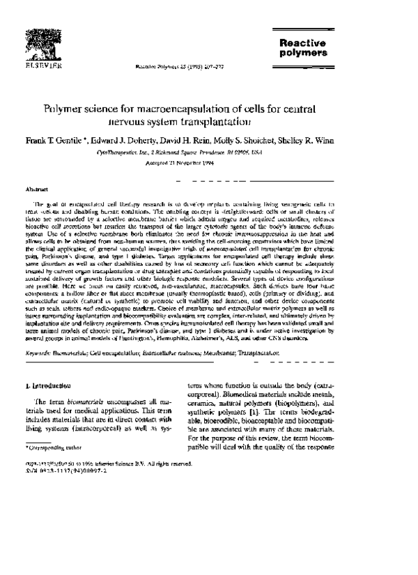 (PDF) Polymer science for macroencapsulation of cells for central ...