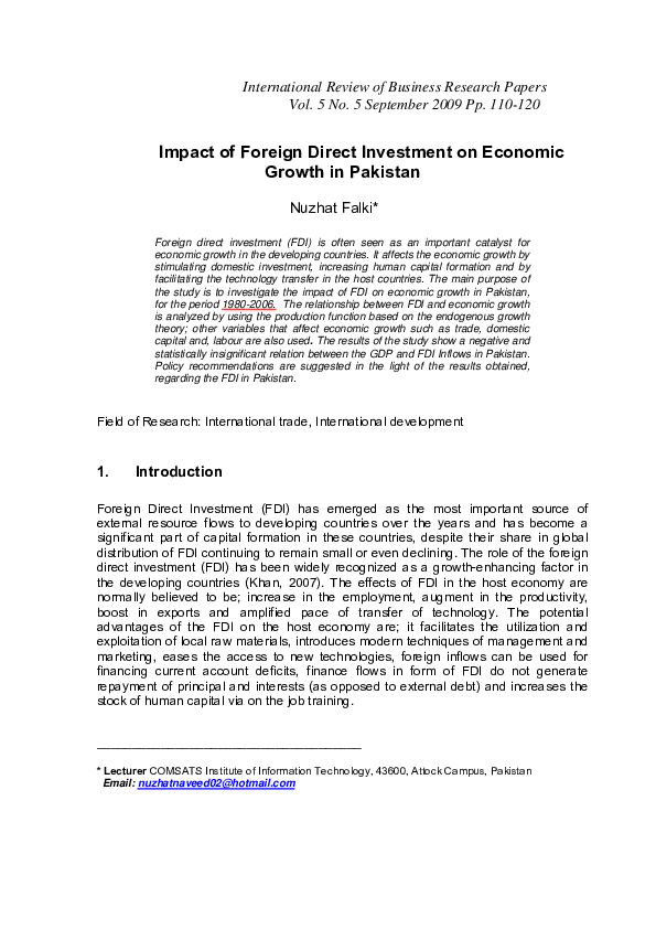 (PDF) Impact of Foreign Direct Investment on Economic Growth in Pakistan
