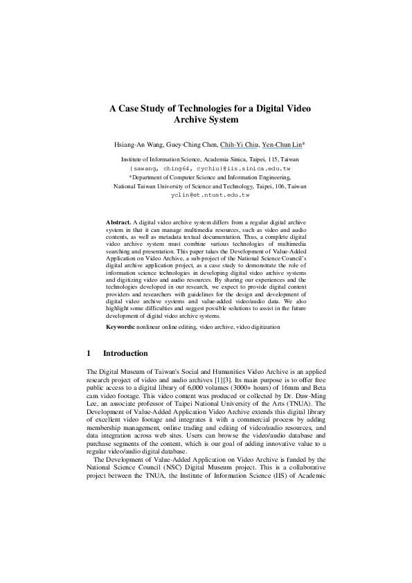 (PDF) A case study on technologies of a digital video archive system