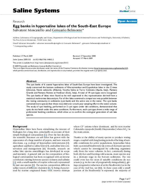 (PDF) Egg banks in hypersaline lakes of the SouthEast Europe