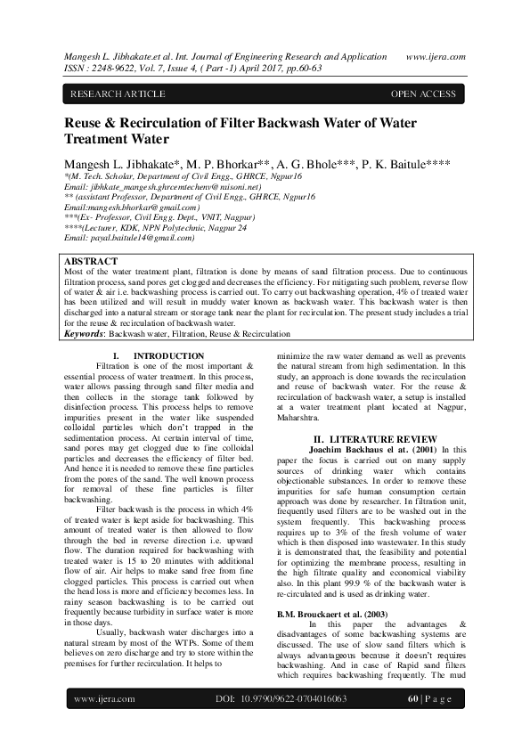 (PDF) Reuse & Recirculation of Filter Backwash Water of Water Treatment
