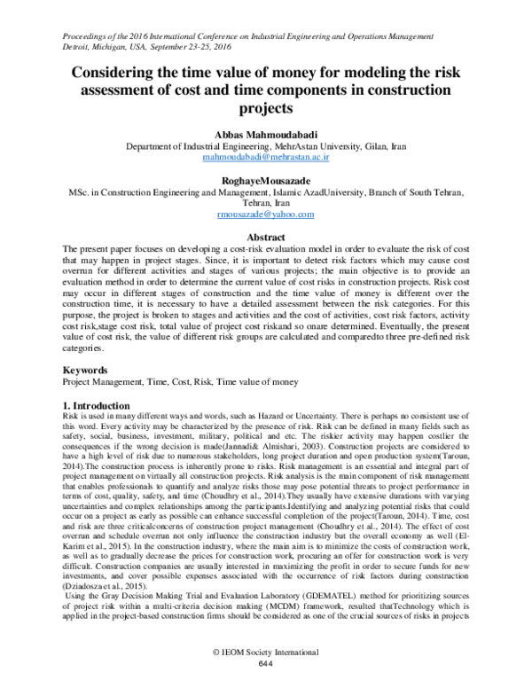(PDF) Considering the time value of money for modeling the risk ...
