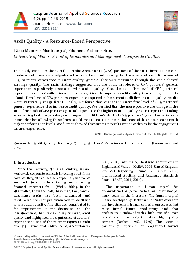 PDF) Audit Quality -A Resource-Based Perspective