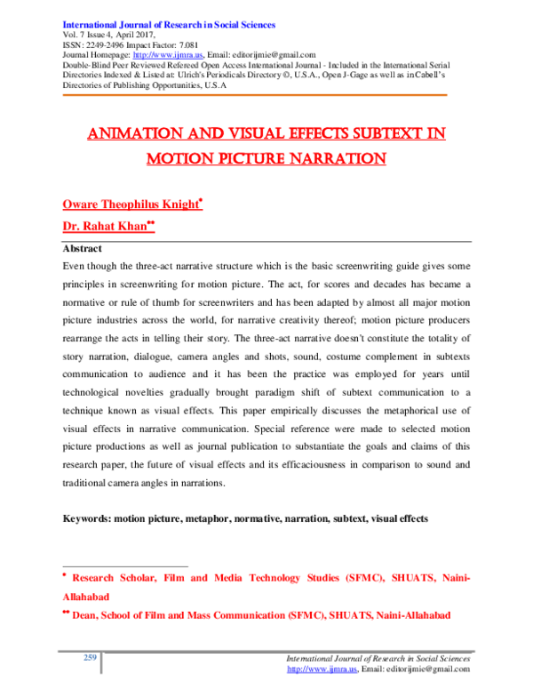 (PDF) ANIMATION AND VISUAL EFFECTS SUBTEXT IN MOTION PICTURE NARRATION