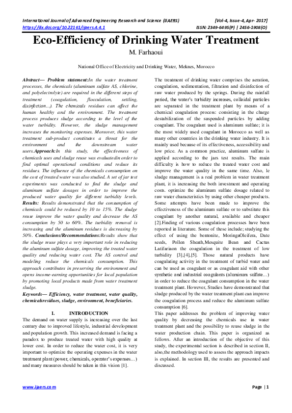 (PDF) EcoEfficiency of Drinking Water Treatment IJAERS Journal