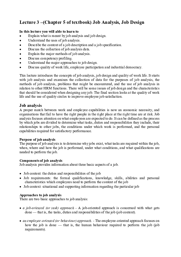 (PDF) Lecture 3 (Chapter 5 of textbook) Job Analysis, Job Design