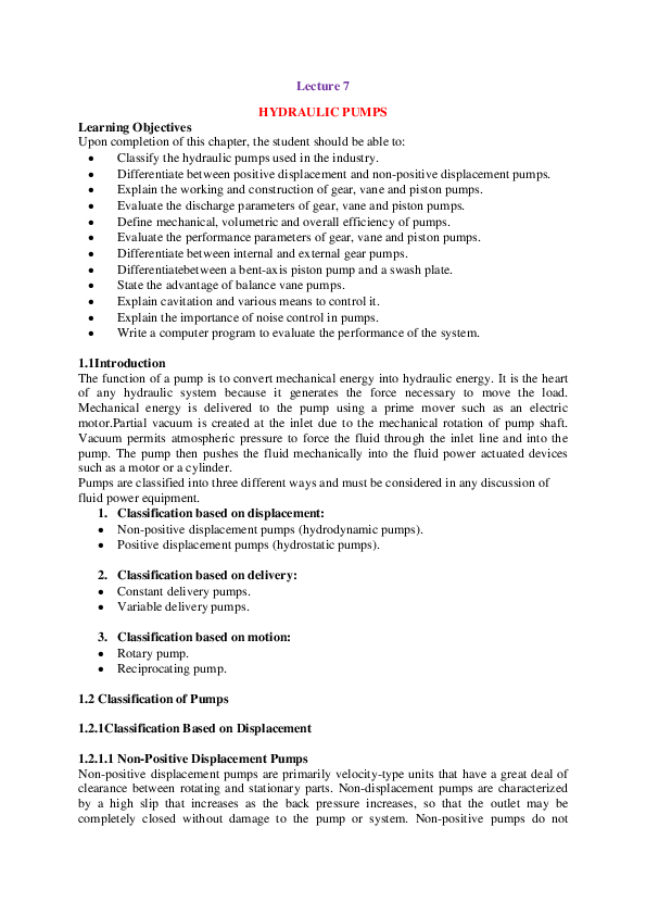 (PDF) Lecture 7 HYDRAULIC PUMPS Learning Objectives Senthil kumar p