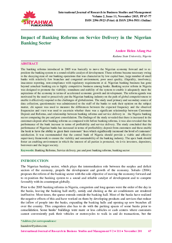 (PDF) Impact of Banking Reforms on Service Delivery in the Nigerian ...
