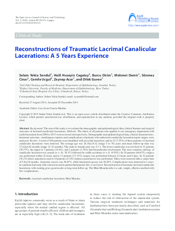 (PDF) Reconstructions of Traumatic Lacrimal Canalicular Lacerations: A ...