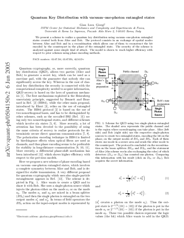 (PDF) Quantum key distribution with vacuum–one-photon entangled states