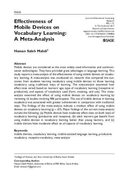 (PDF) Effectiveness of Mobile Devices on Vocabulary Learning: A Meta ...
