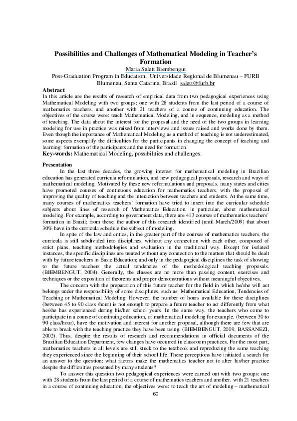 (PDF) Possibilities and Challenges of Mathematical Modeling in Teacher ...