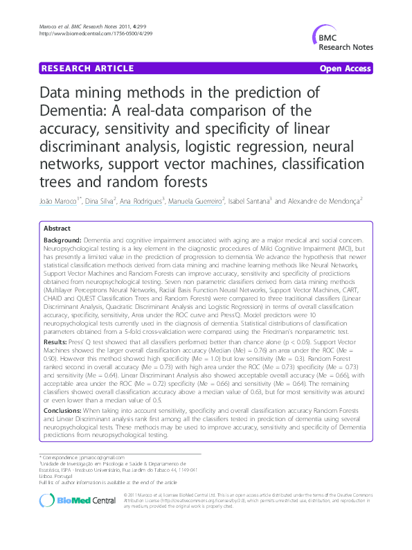 (PDF) Data mining methods in the prediction of Dementia: A real-data ...