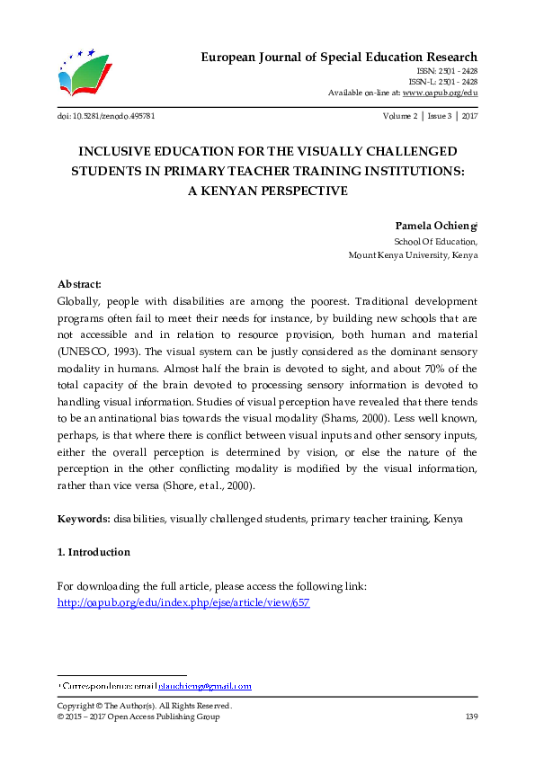 (PDF) INCLUSIVE EDUCATION FOR THE VISUALLY CHALLENGED STUDENTS IN ...