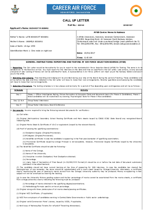 indian air force joining letter format