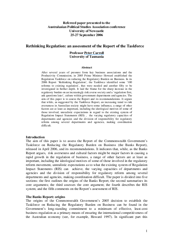 (PDF) Rethinking Regulation: an assessment of the Report of the Taskforce