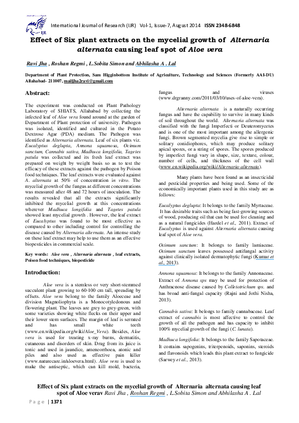 (PDF) Effect of Six plant extracts on the mycelial growth of Alternaria ...