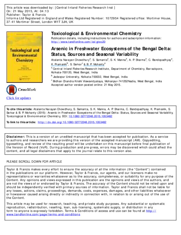 (PDF) Arsenic in Freshwater Ecosystems of the Bengal Delta: Status ...