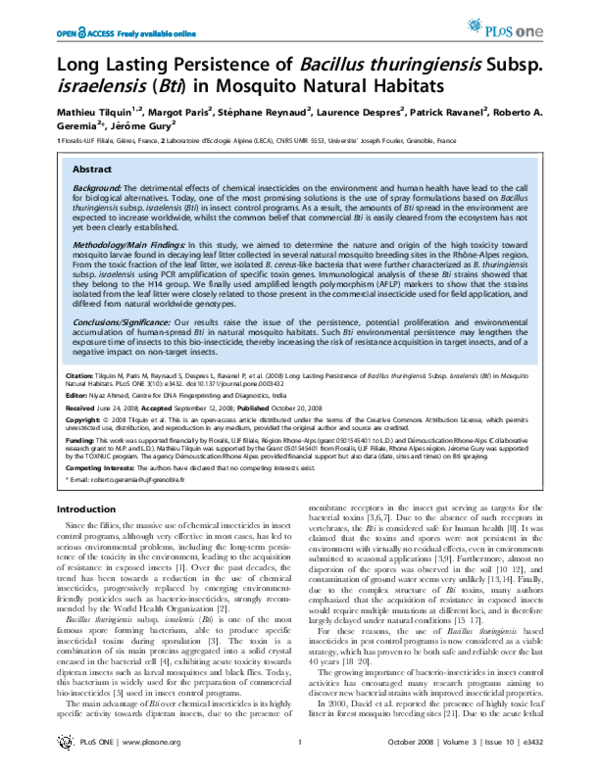 Long Lasting Persistence of Bacillus thuringiensis Subsp. israelensis ...