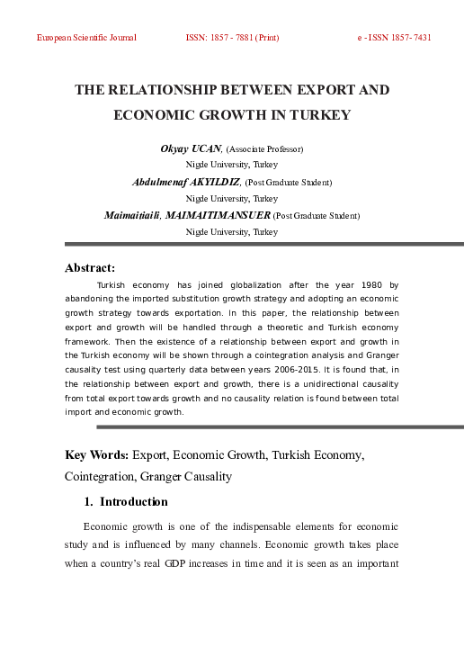 (DOC) THE RELATIONSHIP BETWEEN EXPORT AND ECONOMIC GROWTH IN TURKEY