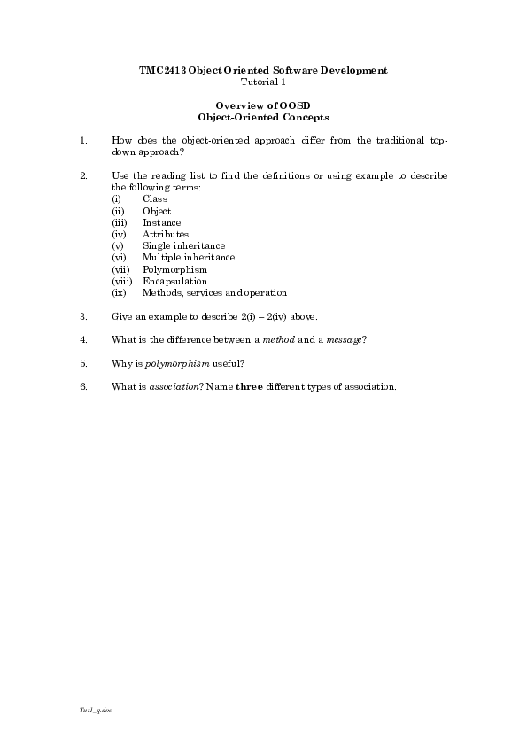 (PDF) TMC2413 Object Oriented Software Development Tutorial 1 Overview ...