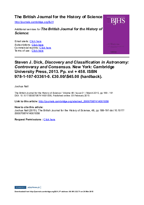 (PDF) [Review of:] Steven J. Dick, Discovery and Classification in ...