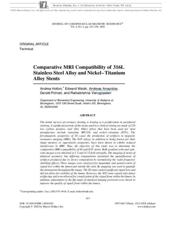 (PDF) Comparative MRI Compatibility of 316L Stainless Steel Alloy and