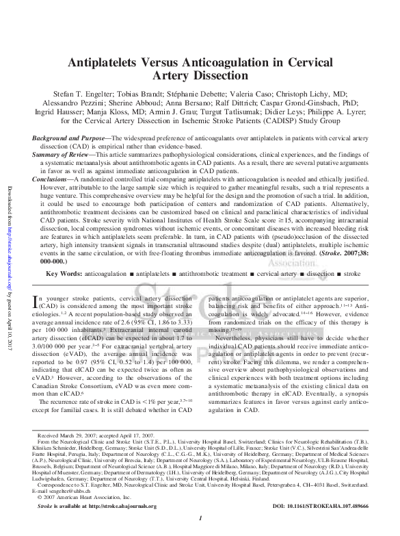 (PDF) Antiplatelets Versus Anticoagulation in Cervical Artery