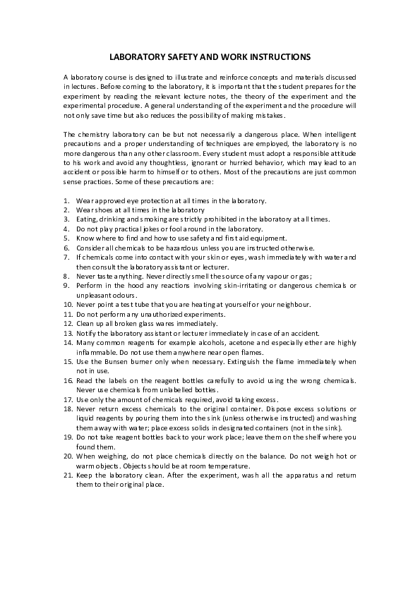 (PDF) LABORATORY SAFETY AND WORK INSTRUCTIONS fazira shazleen