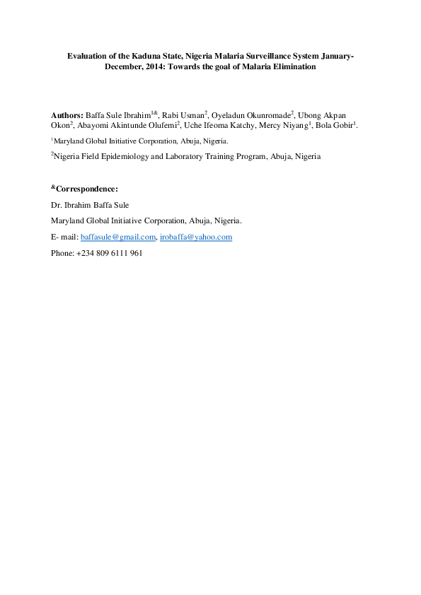 (PDF) Evaluation of the Kaduna State, Nigeria Malaria Surveillance
