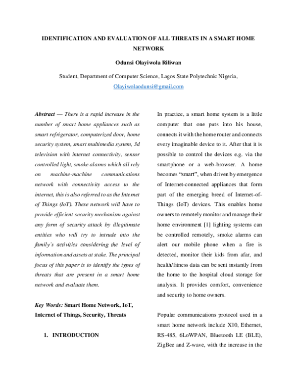 (PDF) IDENTIFICATION AND EVALUATION OF ALL THREATS IN A SMART HOME NETWORK