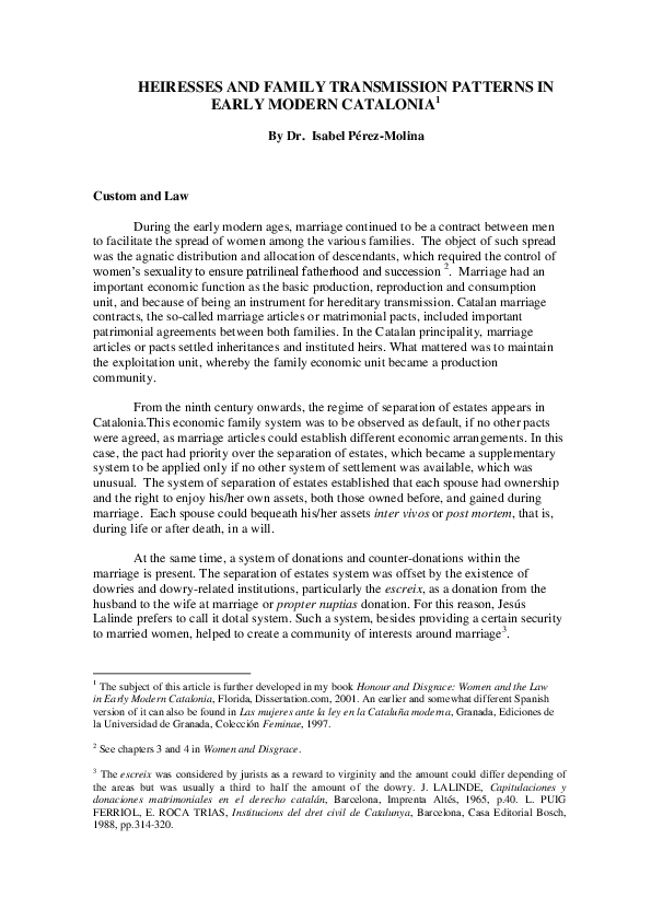 HEIRESSES AND FAMILY TRANSMISSION PATTERNS IN EARLY MODERN CATALONIA