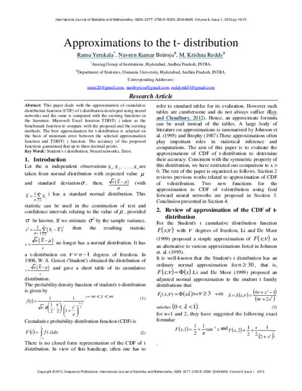 (PDF) Approximations to the t-distribution