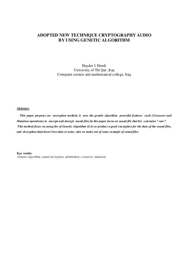 (PDF) ADOPTED NEW TECHNIQUE CRYPTOGRAPHY AUDIO BY USING GENETIC ALGORITHM