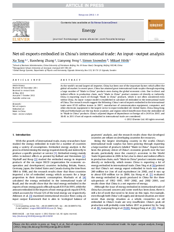 (PDF) Net oil exports embodied in China's international trade: An input ...