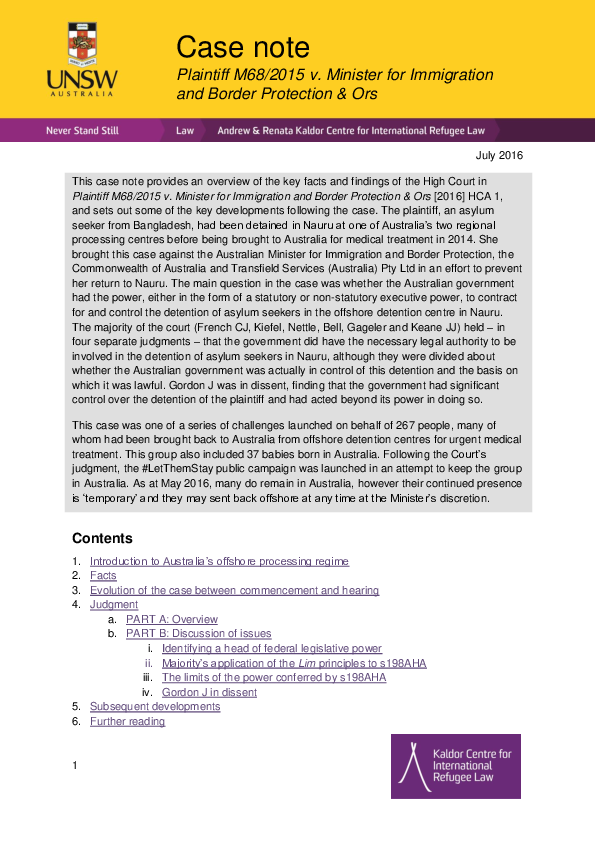 (PDF) Case note: Plaintiff M68/2015 v. Minister for Immigration and ...