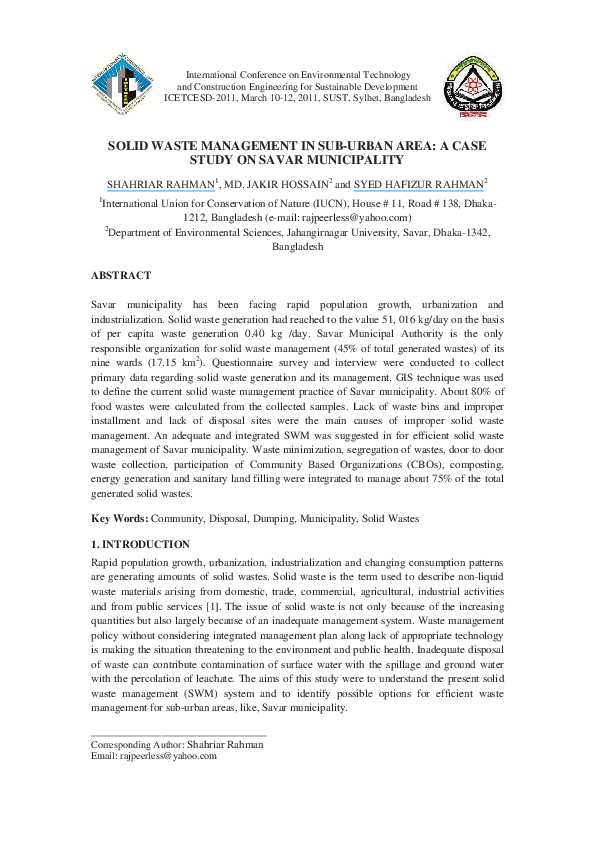 (PDF) Solid Waste Management in Sub-Urban Area: A Case Study on Savar ...