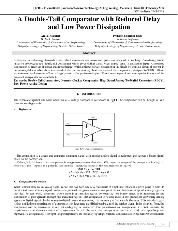 (PDF) A Double-Tail Comparator with Reduced Delay and Low Power Dissipation