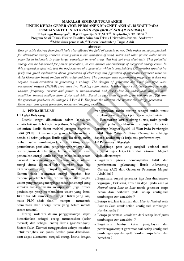 (PDF) MAKALAH SEMINAR TUGAS AKHIR UNJUK KERJA GENERATOR PERMANEN