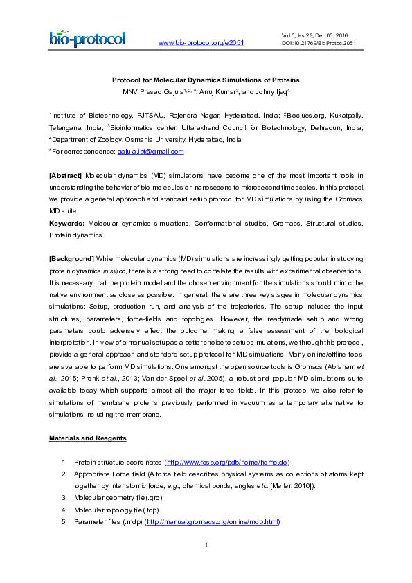 (PDF) Protocol for Molecular Dynamics Simulations of Proteins