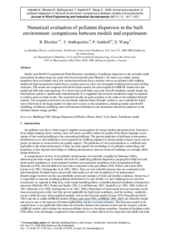 (PDF) Numerical evaluation of pollutant dispersion in the built ...