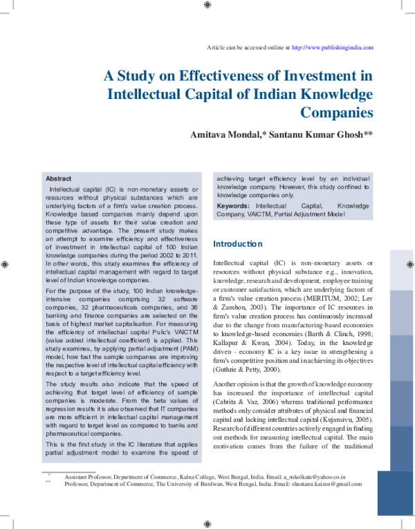 (PDF) A Study on Effectiveness of Investment in Intellectual Capital of ...