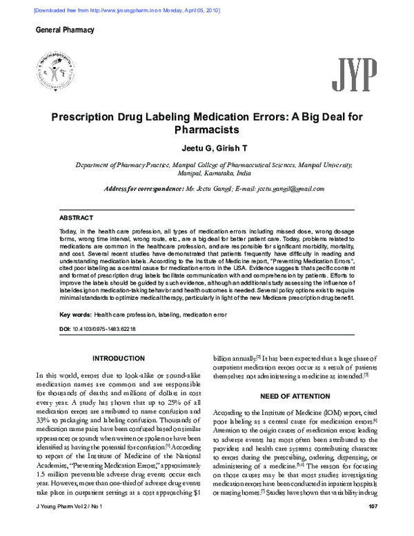 (PDF) Prescription Drug Labeling Medication Errors: A Big Deal for ...