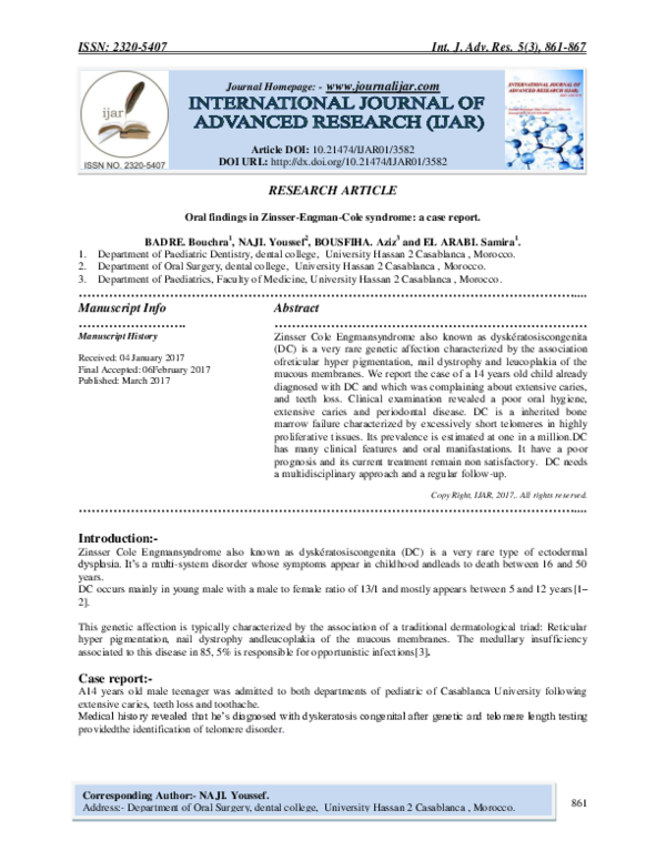 (PDF) Oral findings in ZinsserEngmanCole syndrome a case report