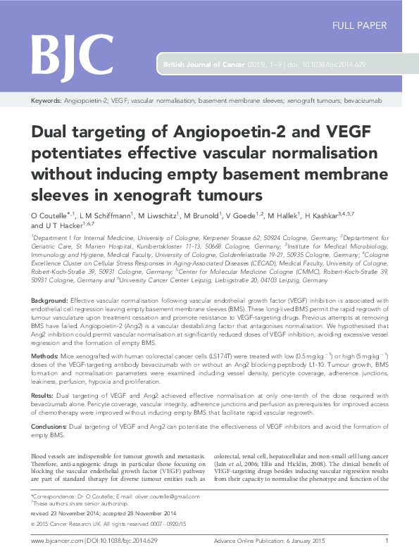 (PDF) Dual targeting of Angiopoetin-2 and VEGF potentiates effective ...