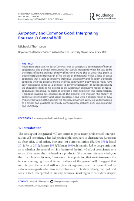 (PDF) Autonomy and Common Good: Interpreting Rousseau's General Will